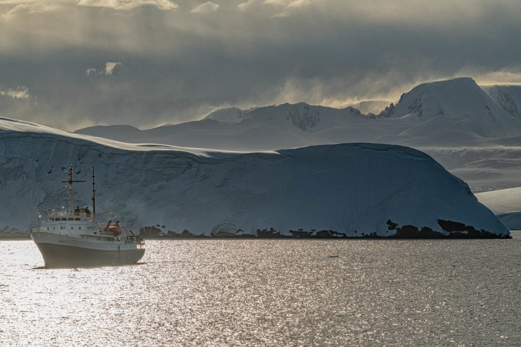 MV Ushuaia moored at Mikkelsen Harbor, Trinity Island