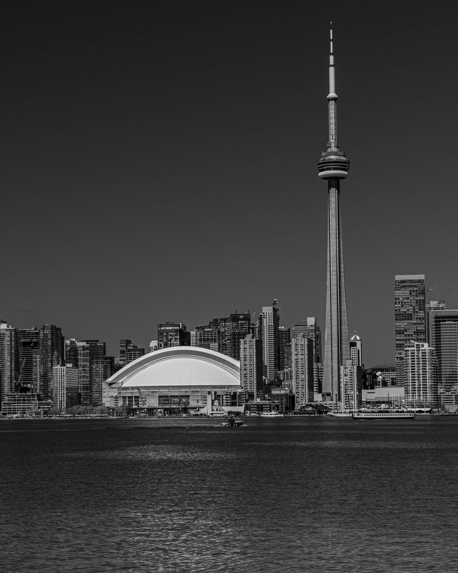 View of the CN Tower and Rogers Centre from the Centre Island Ferry