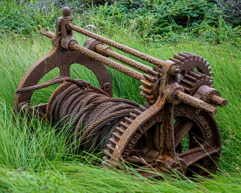 Rusted boat winch at Broom Point