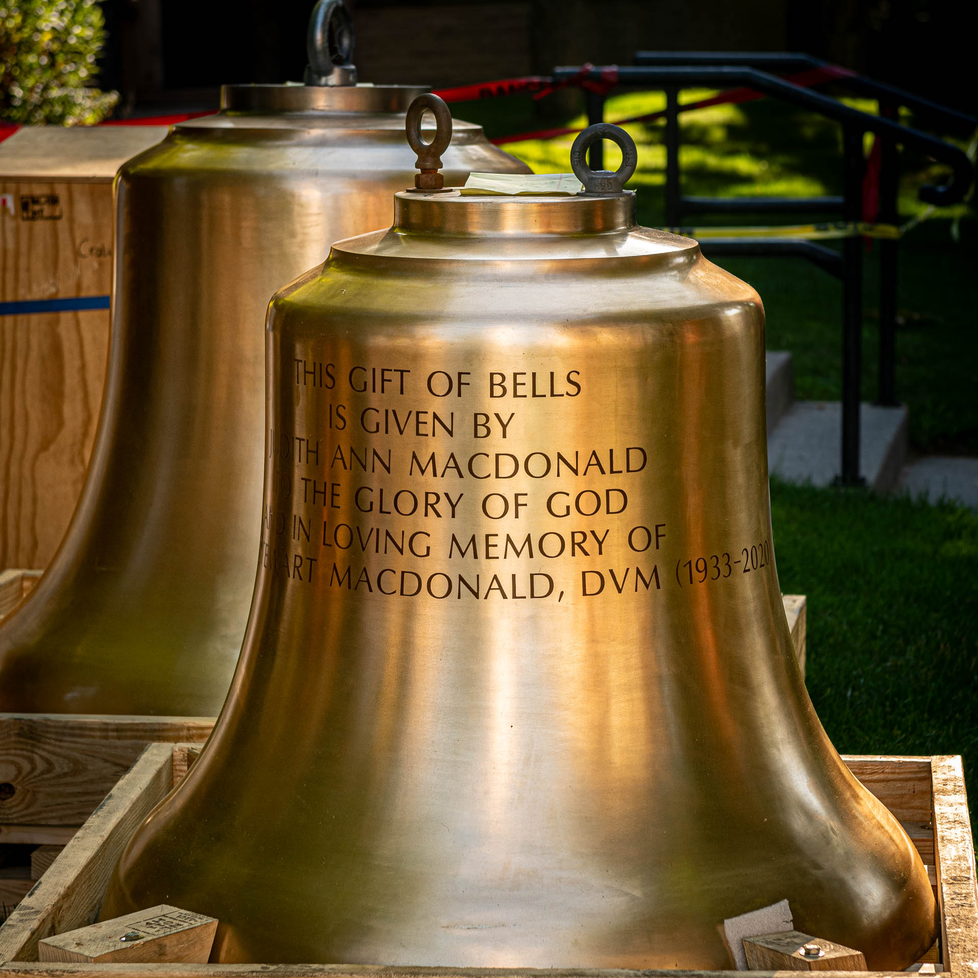 Memorial bells ready to be installed via crane