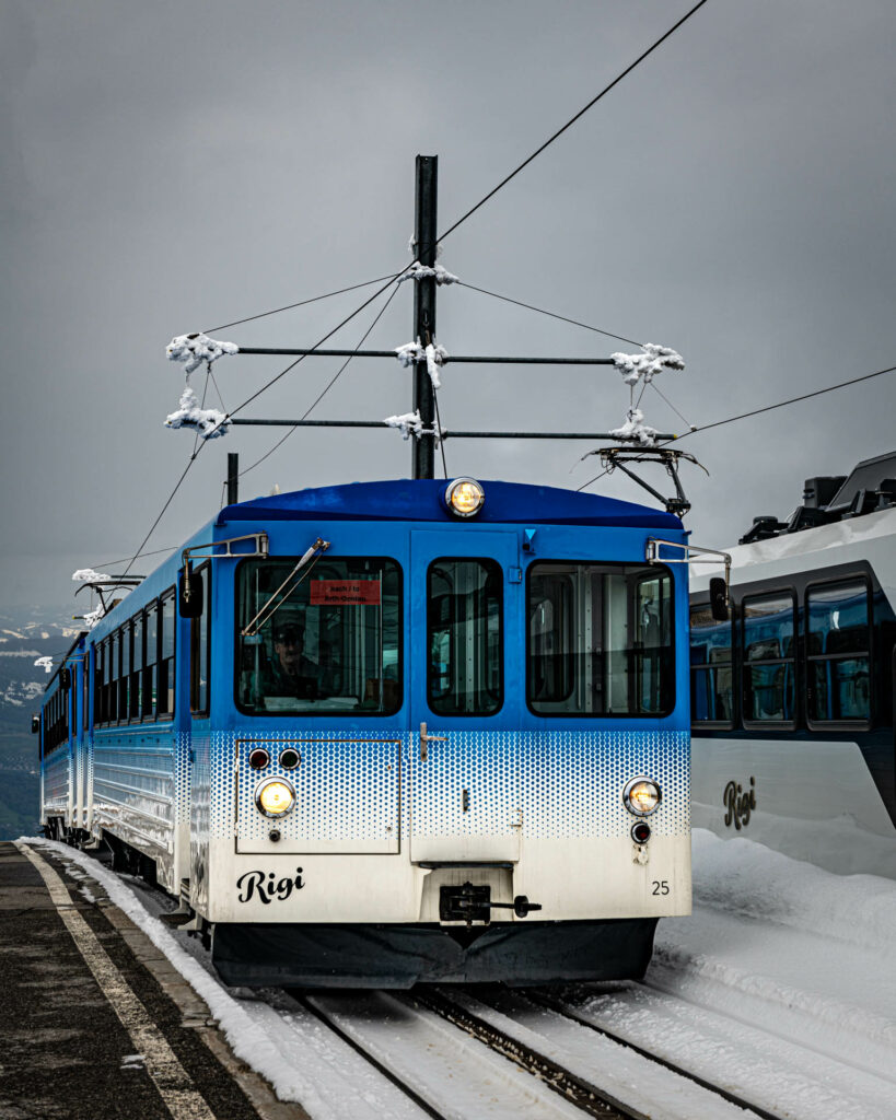 Cogwheel trains at Rigi Klum station on Mount Rigi