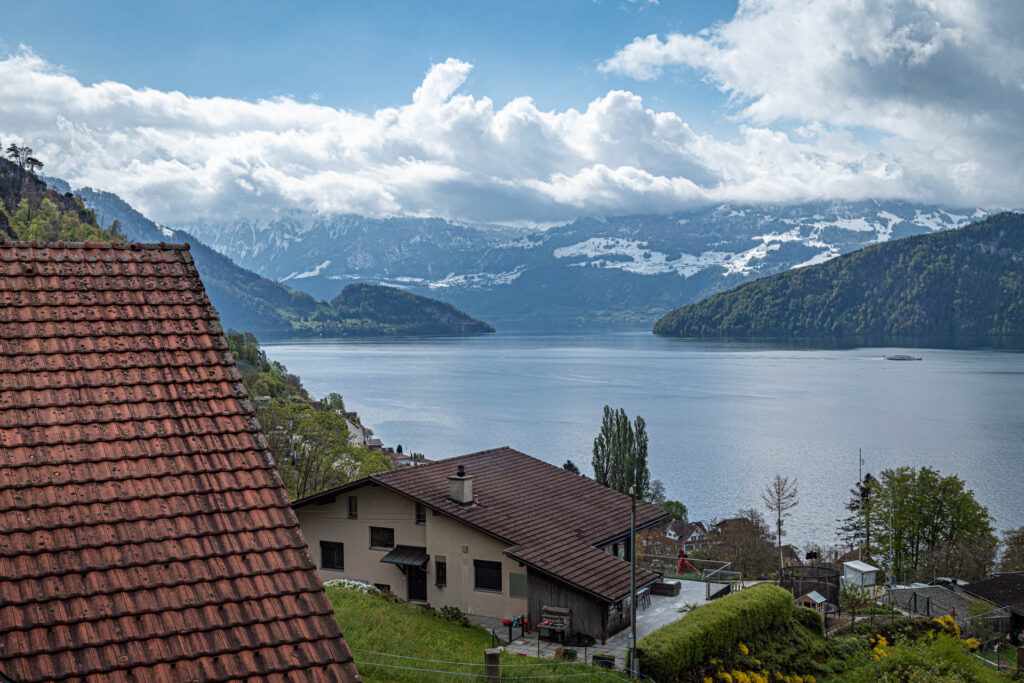 View of Weggis on Lake Lucerne from the Cable Car on Rigi Mountain