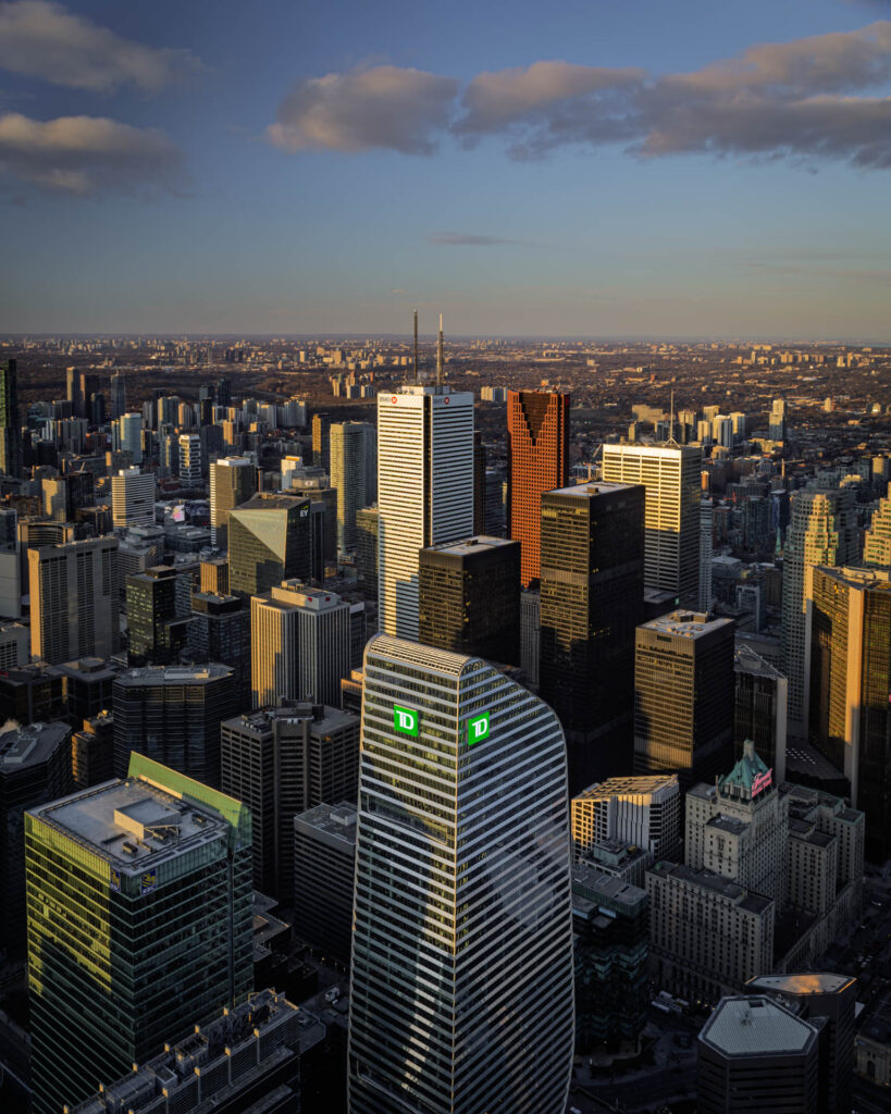 View of the financial district at sunset from the CN Tower
