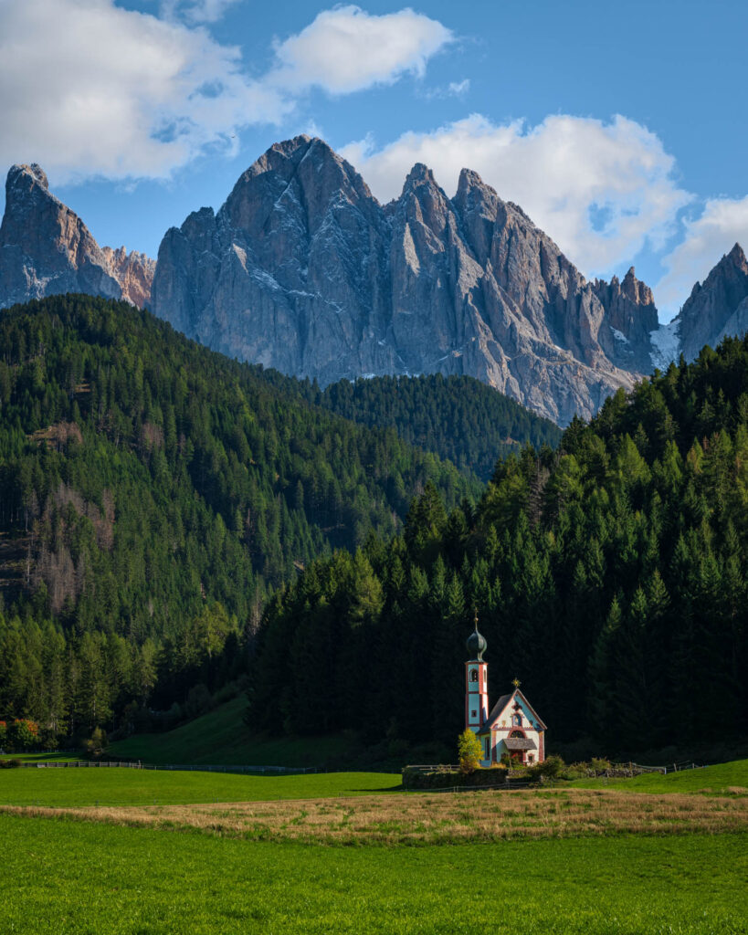 San Giovanni Church with Geisler Group mountains in background