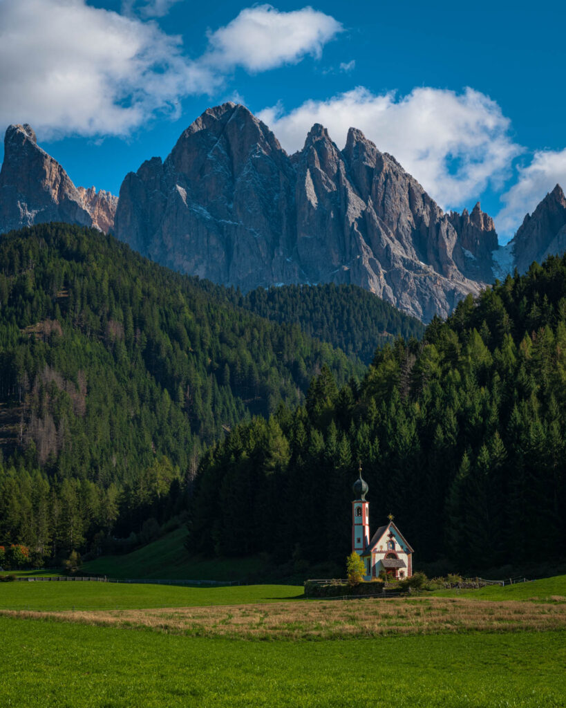 San Giovanni Church with Geisler Group mountains in background