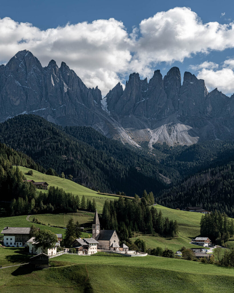 Santa Maddalena/St. Magdalena Church with Geisler Group mountains in the background