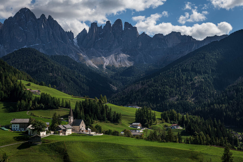 Santa Maddalena/St. Magdalena Church with Geisler Group mountains in the background
