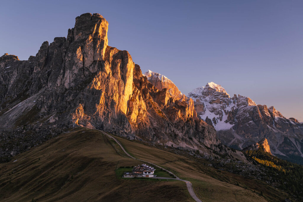 View of Ra Gusela from Passo Giau at sunrise
