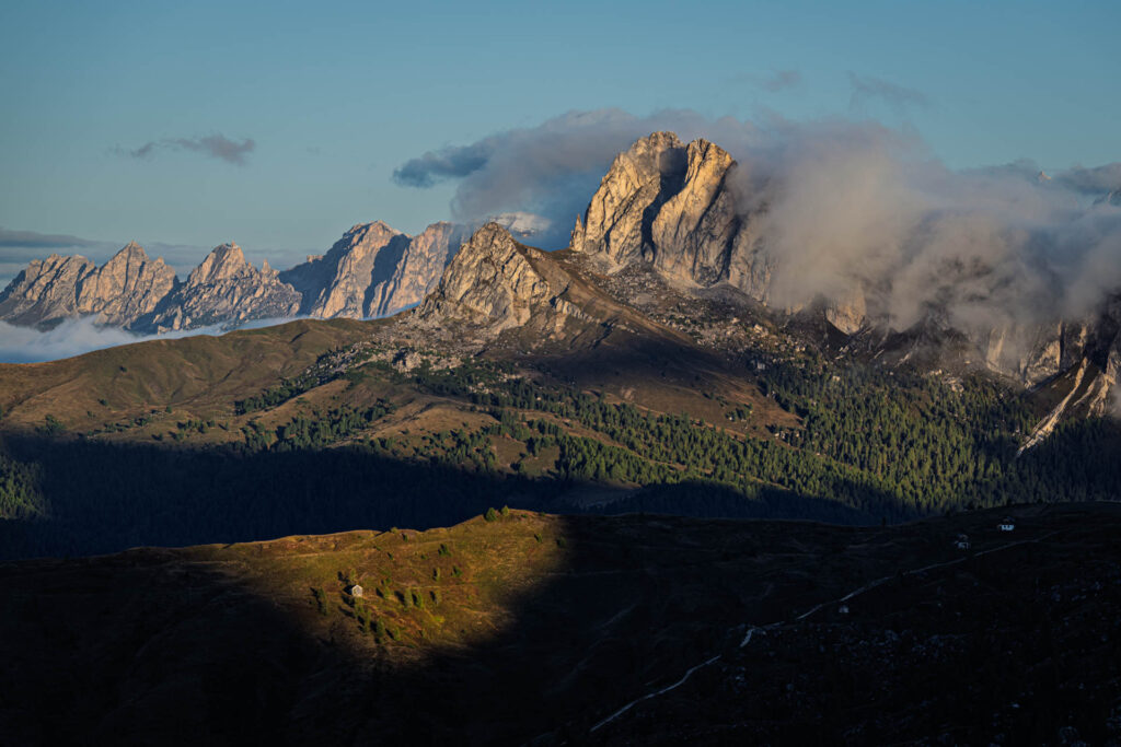 View of Ra Gusela from Passo Giau at sunrise