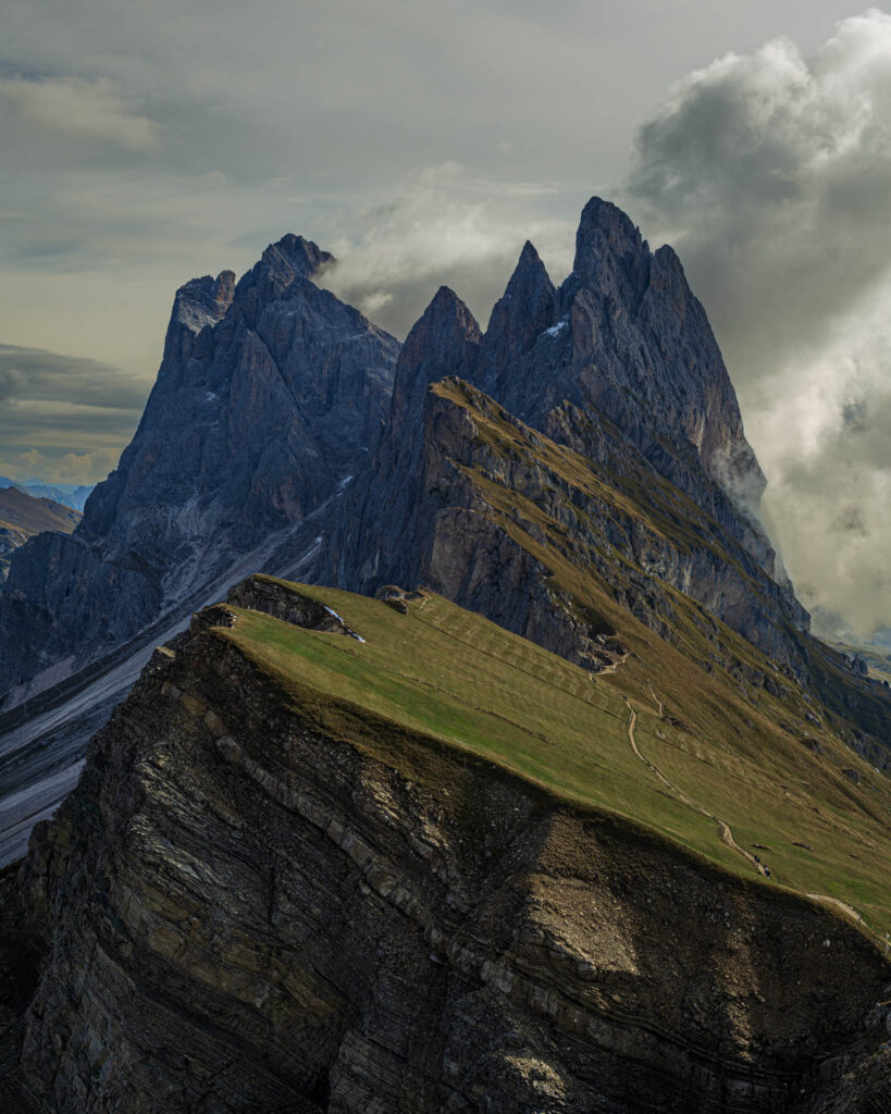View of the Geisler Group from the top of the Seceda gondola along the Seceda Ridgeline