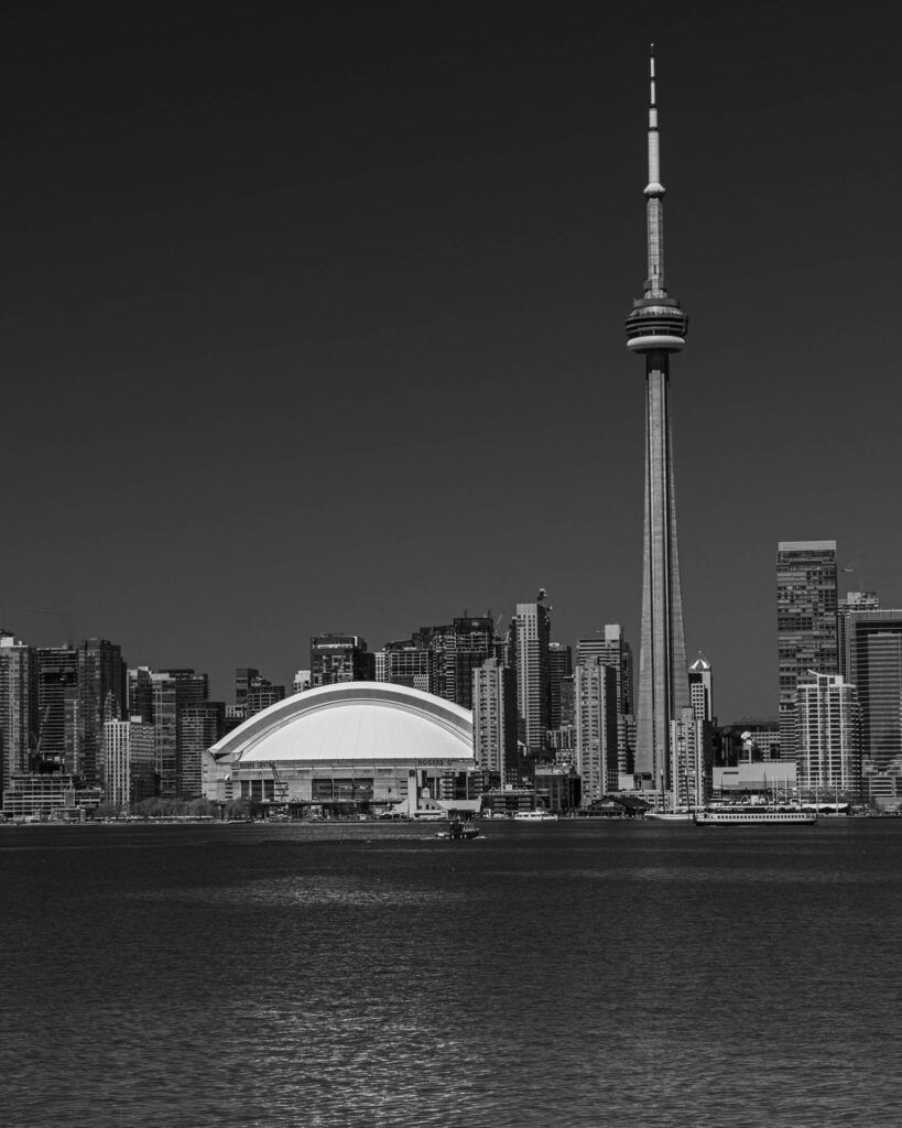 View of the CN Tower and Rogers Centre from the Centre Island Ferry