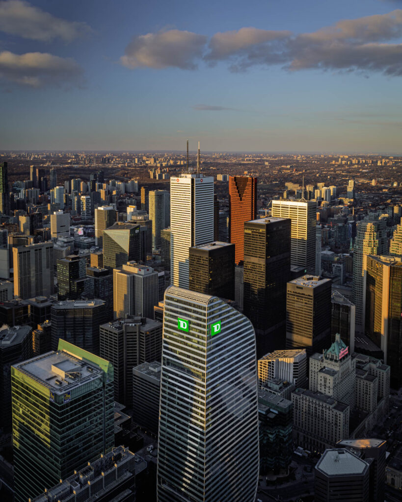 View of the financial district at sunset from the CN Tower