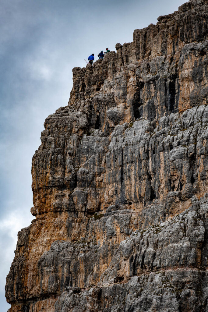 Climbers on Cinque Torri from the Rifugio Scoiattoli