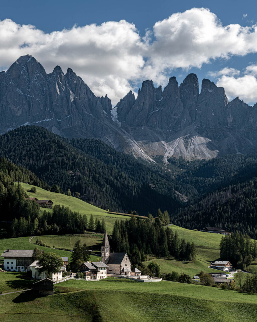 Santa Maddalena/St. Magdalena Church with Geisler Group mountains in the background